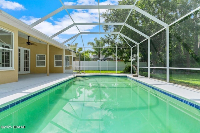 3 Slow Stream Way, Ormond Beach, FL 32174 - view of swimming pool featuring a patio, ceiling fan, french doors, and glass enclosure