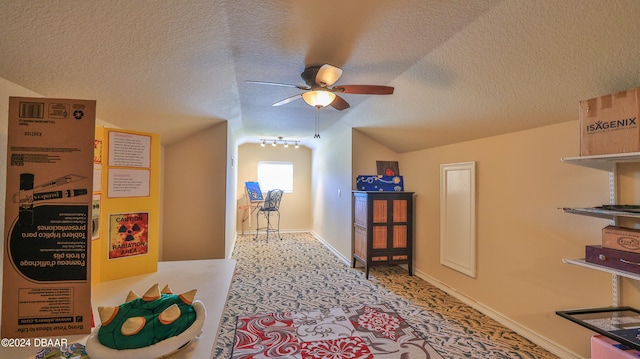 hallway with lofted ceiling and a textured ceiling