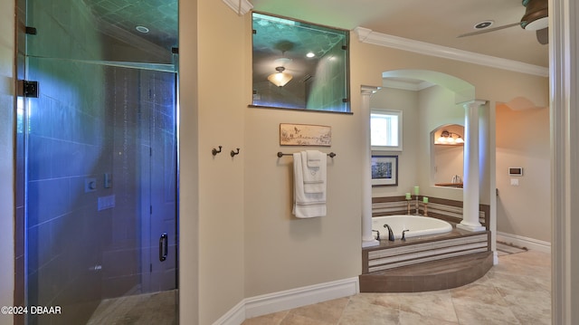 bathroom with tile patterned floors, ceiling fan, ornate columns, shower with separate bathtub, and ornamental molding