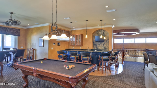 playroom featuring crown molding, plenty of natural light, carpet floors, and billiards