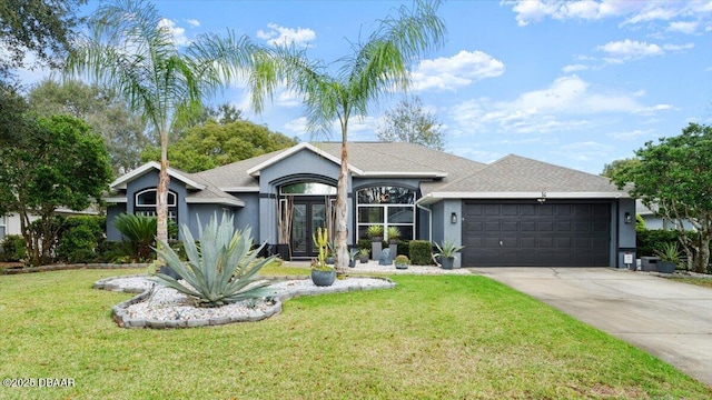 ranch-style home with stucco siding, a front yard, concrete driveway, and a garage