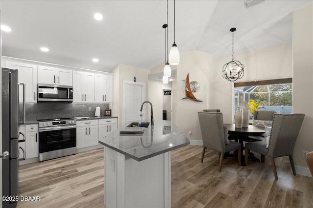 1589 Town Park Dr, Port Orange, FL 32129 - kitchen with sink, stainless steel appliances, tasteful backsplash, white cabinets, and decorative light fixtures