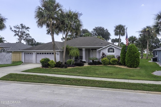 single story home featuring stucco siding, an attached garage, concrete driveway, and a front yard