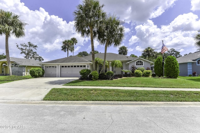 ranch-style house featuring stucco siding, driveway, a front lawn, and an attached garage