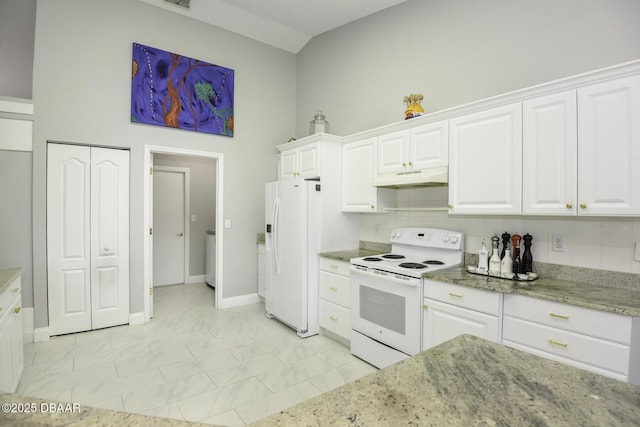 kitchen featuring under cabinet range hood, white appliances, white cabinets, and light stone countertops