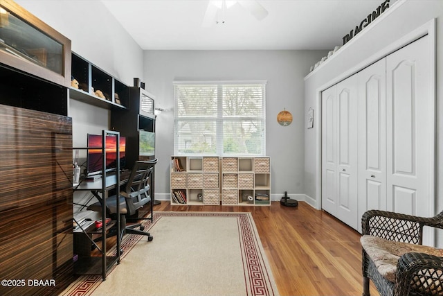 office space with wood-type flooring and ceiling fan