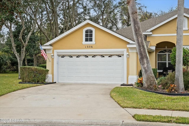 view of front facade featuring a front lawn and a garage