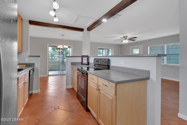 kitchen with dishwasher, beamed ceiling, black / electric stove, light brown cabinets, and light tile patterned flooring