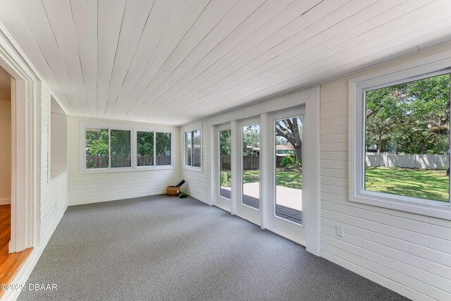 556 N Beach St, Ormond Beach, FL 32174 - unfurnished sunroom with healthy amount of natural light, wooden walls, wood ceiling, and carpet flooring