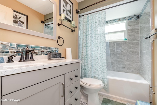 full bathroom featuring shower / tub combo, vanity, tasteful backsplash, and toilet