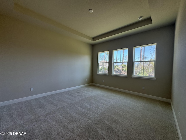 unfurnished room with a tray ceiling, baseboards, and carpet