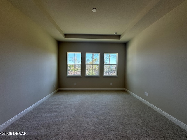 carpeted empty room with a tray ceiling and baseboards