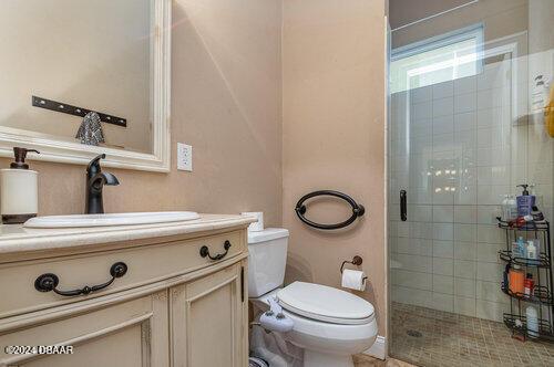 bathroom with toilet, vanity, and walk in shower