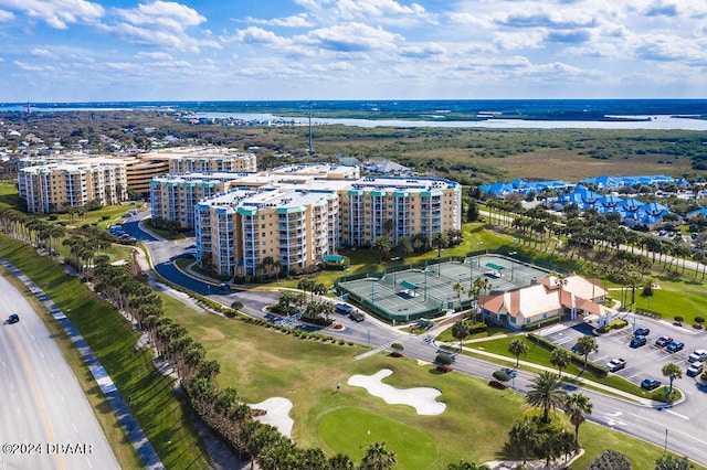 drone / aerial view with a water view