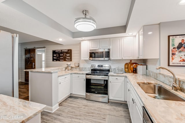 kitchen with white cabinets, stainless steel appliances, a barn door, and sink