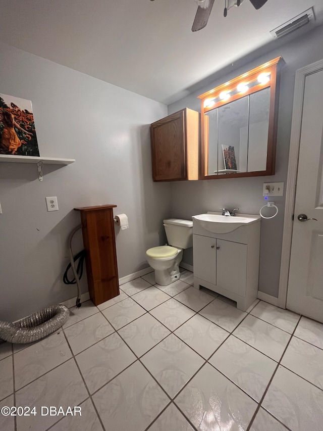 bathroom featuring tile patterned flooring, vanity, ceiling fan, and toilet