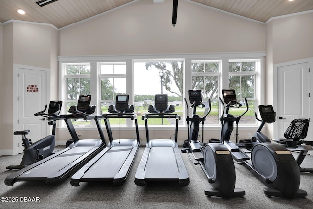 gym featuring high vaulted ceiling, ornamental molding, recessed lighting, wooden ceiling, and baseboards