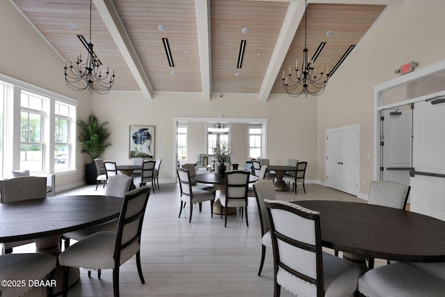 dining area with a notable chandelier, wood ceiling, and high vaulted ceiling