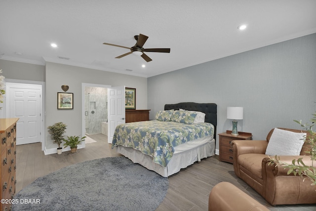 bedroom featuring recessed lighting, visible vents, wood finished floors, and crown molding