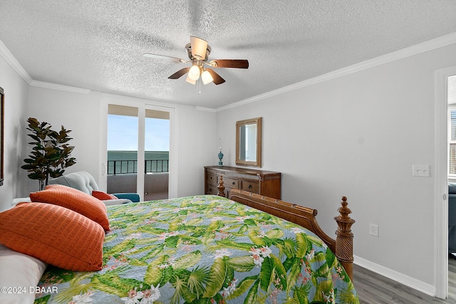 3370 Ocean Shore Blvd Unit 404B, Ormond Beach, FL 32176 - bedroom featuring access to outside, wood finished floors, baseboards, a textured ceiling, and a ceiling fan