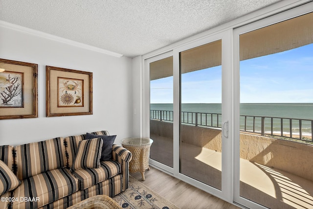 3370 Ocean Shore Blvd Unit 404B, Ormond Beach, FL 32176 - living room with healthy amount of natural light, a water view, light wood-style floors, a textured ceiling, and crown molding