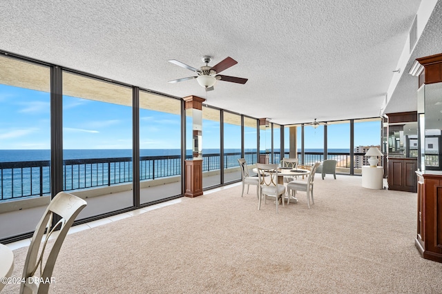 unfurnished sunroom with ceiling fan, a water view, and a healthy amount of sunlight