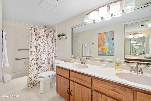 full bathroom featuring vanity, tile patterned flooring, shower / bathtub combination with curtain, and toilet