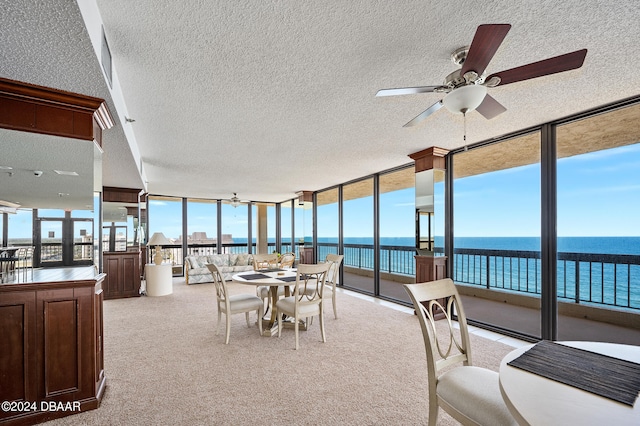 sunroom with a water view and ceiling fan