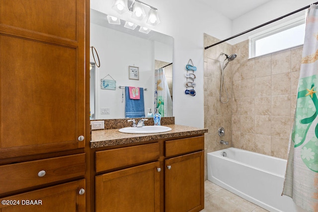 bathroom with tile patterned floors, vanity, and shower / bath combination with curtain