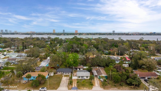 aerial view with a water view and a view of city