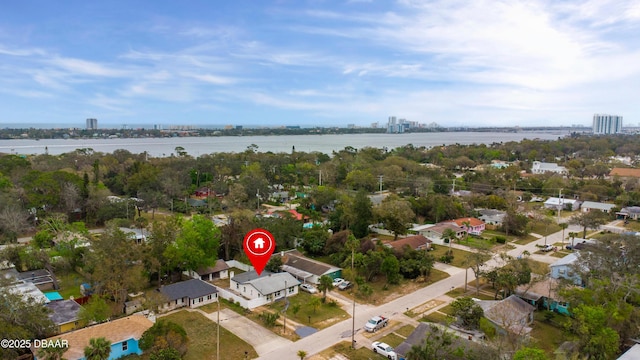 aerial view with a city view and a water view