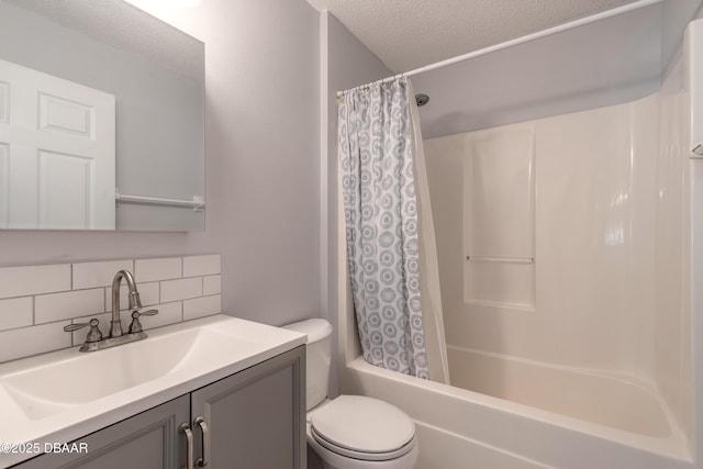 bathroom featuring tasteful backsplash, a textured ceiling, vanity, shower / bath combination with curtain, and toilet