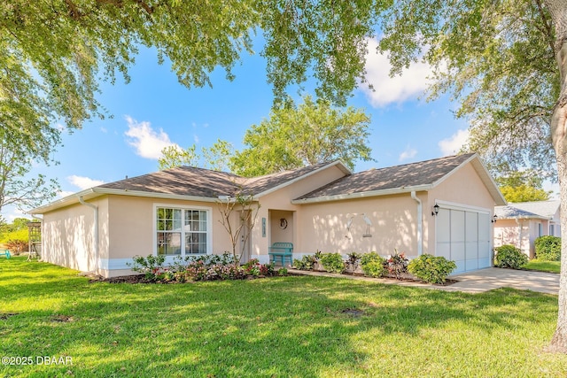 ranch-style home featuring stucco siding, an attached garage, concrete driveway, and a front lawn