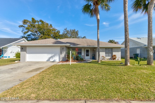 single story home with a garage and a front yard