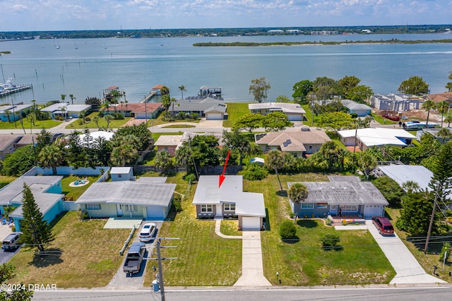 aerial view featuring a water view