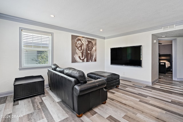 living room featuring hardwood / wood-style floors, crown molding, and a textured ceiling