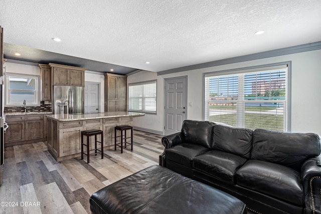 living room featuring a wealth of natural light, a textured ceiling, and light wood-type flooring