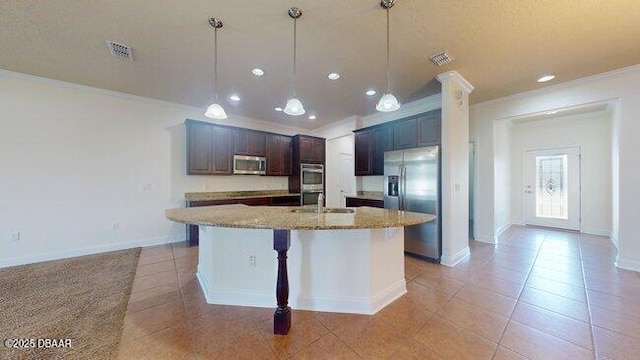 kitchen with stainless steel appliances, visible vents, crown molding, and light stone countertops