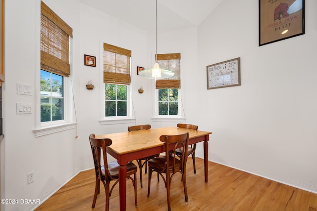 dining area with light hardwood / wood-style flooring, lofted ceiling, and plenty of natural light