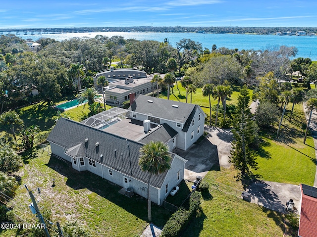 aerial view featuring a water view