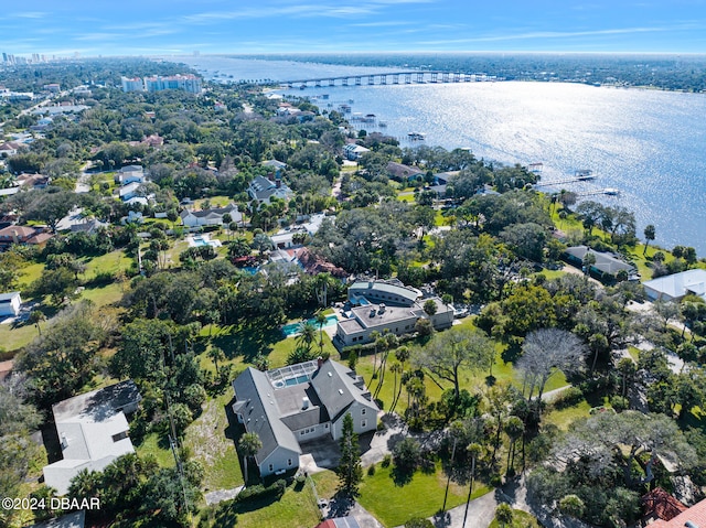 drone / aerial view with a water view