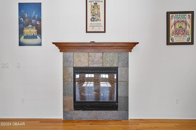 room details featuring hardwood / wood-style floors and a fireplace