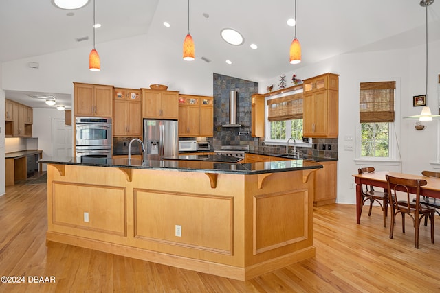 kitchen with backsplash, appliances with stainless steel finishes, pendant lighting, light hardwood / wood-style floors, and a spacious island