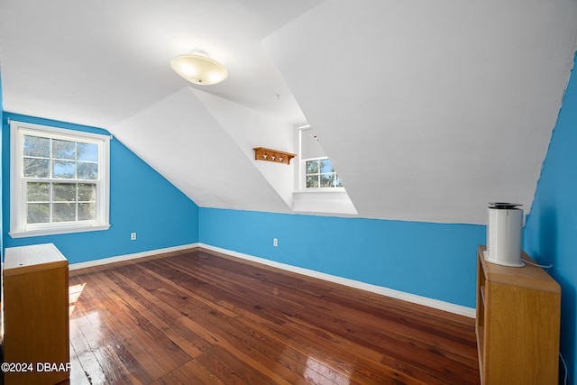 additional living space with lofted ceiling, wood-type flooring, and a healthy amount of sunlight