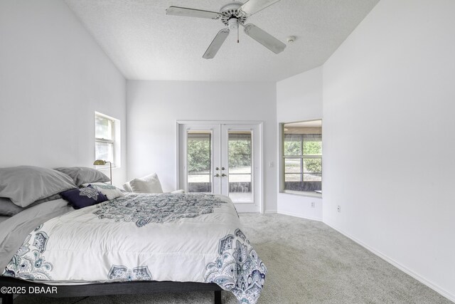 carpeted bedroom featuring ceiling fan, french doors, a textured ceiling, access to exterior, and baseboards