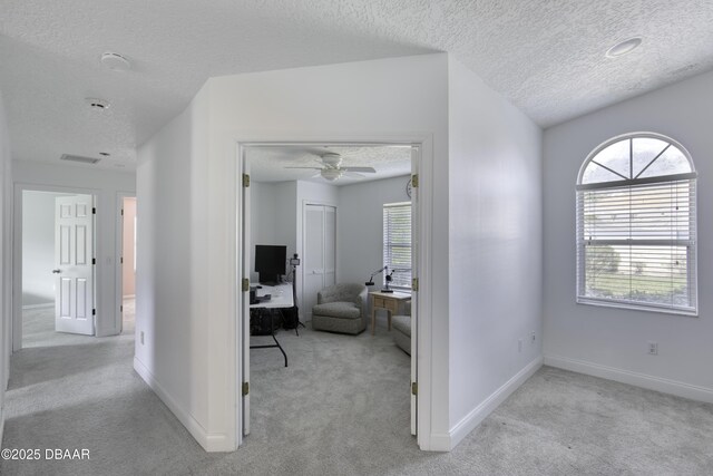 hall with baseboards, a textured ceiling, a wealth of natural light, and light carpet