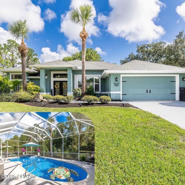 30 Bay Ct, Ormond Beach, FL 32174 - view of front of house featuring stucco siding, a front yard, french doors, a garage, and concrete driveway