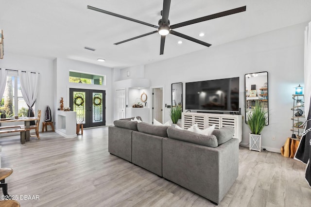 30 Bay Ct, Ormond Beach, FL 32174 - living area with a ceiling fan, recessed lighting, light wood finished floors, and french doors