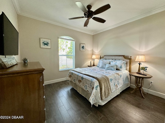 bedroom with ceiling fan, dark hardwood / wood-style flooring, and ornamental molding