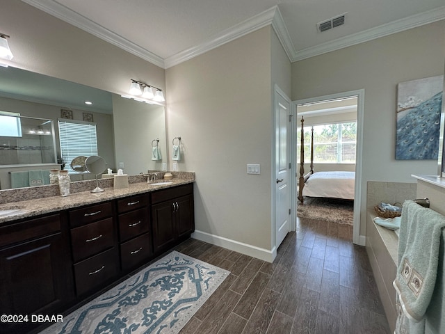 bathroom with wood-type flooring, vanity, walk in shower, and crown molding